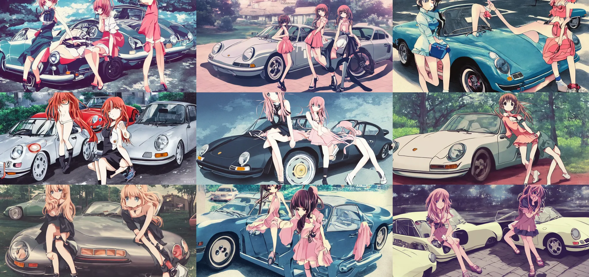 Prompt: cute anime girl with vintage Porsche, anime style