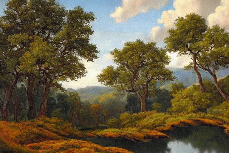 Image similar to masterpiece painting of oak trees on a hillside overlooking a creek, by gunnar widforss