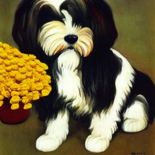 Image similar to portrait of a havanese dog with marigolds by diego rivera 1 9 3 5