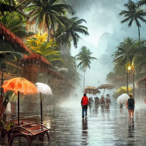 Image similar to monsoon on tropical island, ornate, beautiful, atmosphere, vibe, mist, coconuts, rain, wet, pristine, puddles, melting, dripping, snow, creek, lush, ice, bridge, forest, roses, flowers, by stanley artgerm lau, greg rutkowski, contest winner, trending on artstation