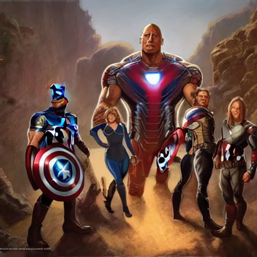 Prompt: A group photo of the Avengers but it's all Dwayne Johnson, western, D&D, fantasy, intricate, elegant, highly detailed, digital painting, artstation, concept art, matte, sharp focus, illustration, art by Artgerm and Greg Rutkowski and Alphonse Mucha