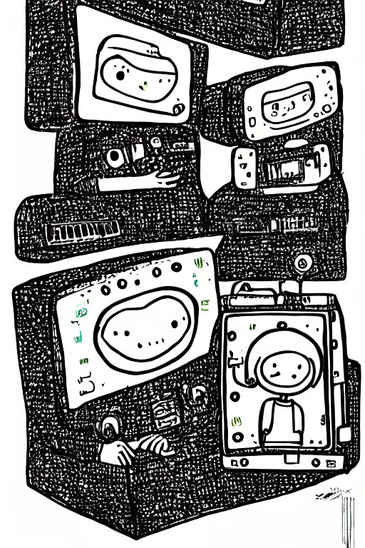 Image similar to an illustration of robots watching tv in the style of goodnight moon by margaret wise brown