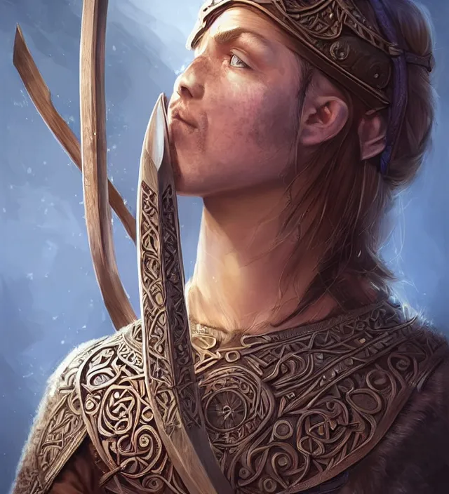Prompt: a symmetrical matte portrait of a young viking longbow archer, ornate runes carved into her bow, a digital painting, intricate, ultra detailed by dave dorman and anato finnstark, well composed, best on artstation, cgsociety, epic, stunning, gorgeous, intricate details, wow, masterpiece.