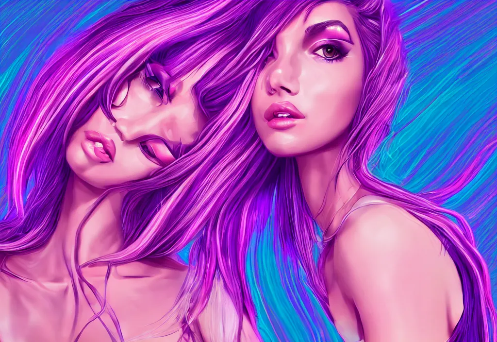 Prompt: a award winning half body portrait of a beautiful woman in a croptop and cargo pants with ombre purple pink teal hairstyle surrounded by whirling illuminated lines, outrun, vaporware, shaded flat illustration, digital art, trending on artstation, highly detailed, fine detail, intricate, sensual, elegant, seductive