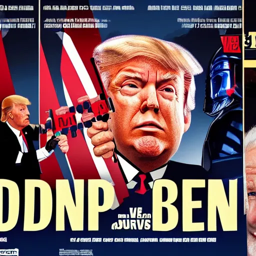 Prompt: A movie Poster of Joe Biden vs Donald Trump staring at eachother holding lightsabers