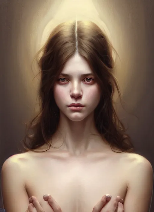 Prompt: symmetry!! portrait of young woman cursed with ever - increasing intelligence beauty and virtue, slice - of - life, realism, golden ratio facial proportions!! intricate, elegant, highly detailed, digital painting, artstation, concept art, smooth, sharp focus, illustration, art by artgerm and greg rutkowski and alphonse mucha