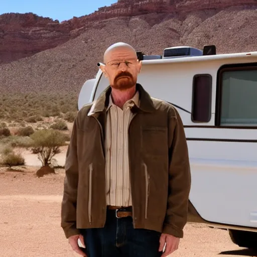 Prompt: walter white. standing beside an rv. backround: desert,