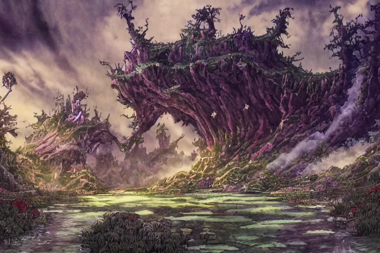 Image similar to dark fantasy land, painting, water color, ghibli, hayao miyazaki, concept art, detailed, nobuyuki yanai, hiroshi matsuyama, hiroyuki maeda