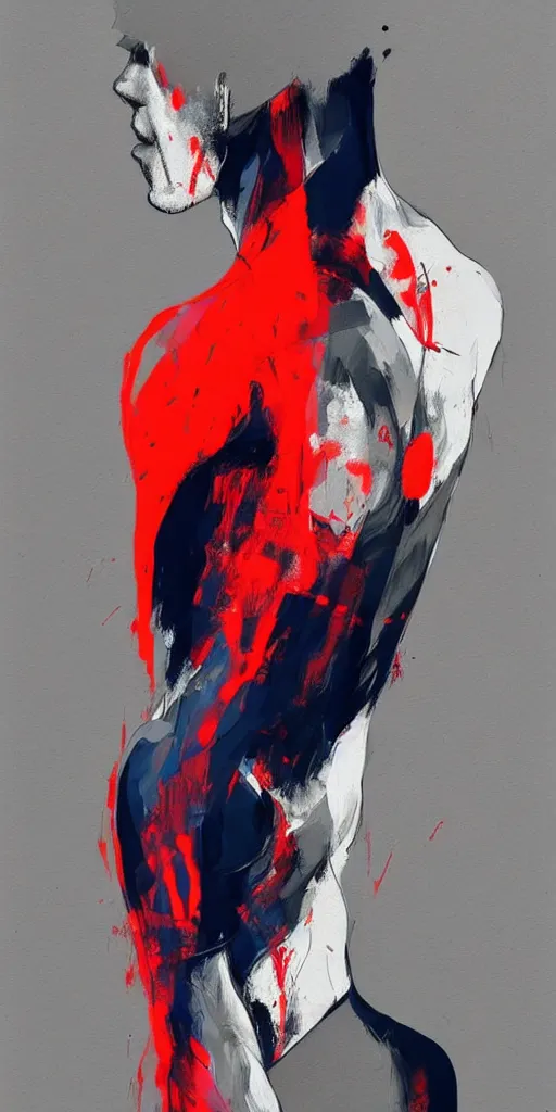 Image similar to abstract flowing brush strokes of the outline of the closeup torso of athletic man posing dramatically with no face in the center of the frame, by conrad roset, dark background, painting trending on artstation