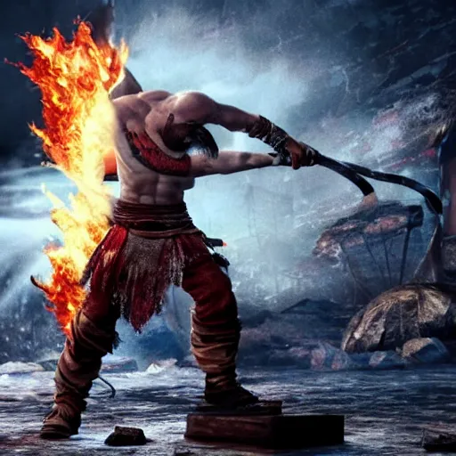 Image similar to kratos shredding on a flaming stratocaster guitar, cinematic render, god of war 2 0 1 8, santa monica studio official media, lightning, spartan rage, head turned