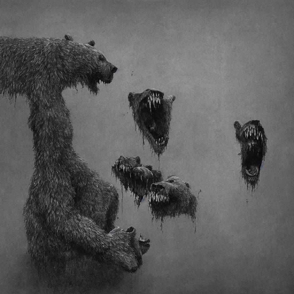 Image similar to horrifying bear creature, fangs, style of zdislaw beksinski