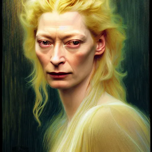 Prompt: young adult tilda swinton as lucifer morningstar, long blond hair, natural lighting, path traced, highly detailed, high quality, digital painting, by gaston bussiere, craig mullins, alphonse mucha j. c. leyendecker