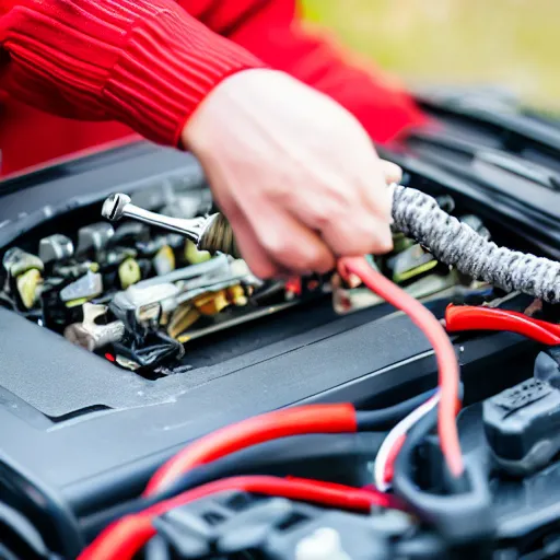 Prompt: a photo of a car battery with a red jumper cable connected to positive pole of the battery