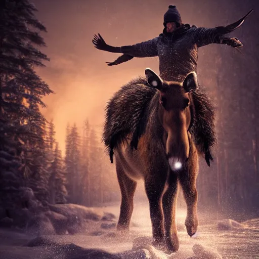 Image similar to the king of sweden riding a moose, hyperrealistic photograph, dim volumetric lighting, 8 k, octane beautifully detailed render, extremely hyper detailed, intricate, epic composition, cinematic lighting, masterpiece, trending on artstation, very very detailed, stunning, hdr, smooth, sharp focus, high resolution, award, winning photo, dslr, 5 0 mm