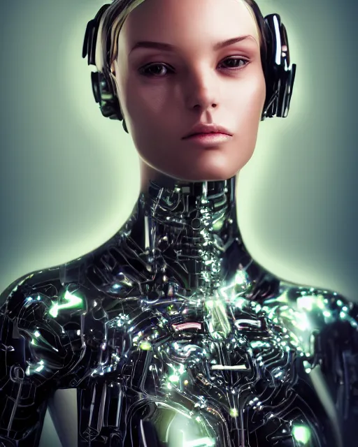 Image similar to fashion portrait, most beautiful girl in the world, glowing cybernetic augments, hyperrealism, year 2447, cdx