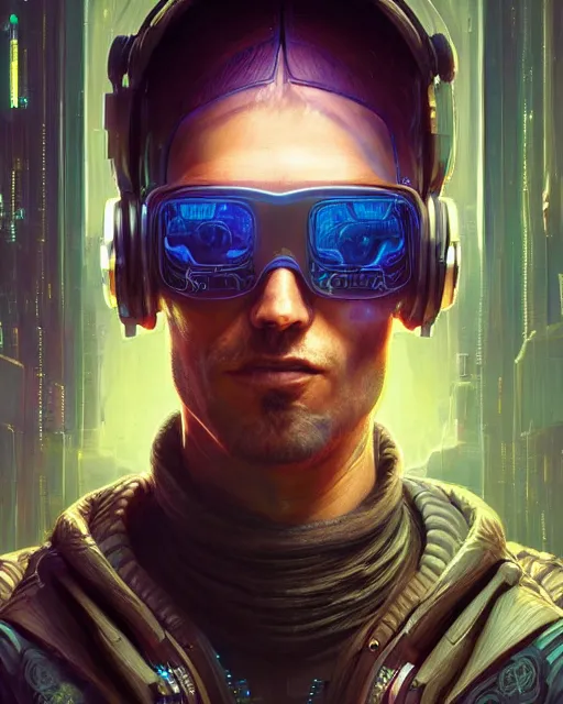 Prompt: a highly detailed portrait of a cyberpunk hacker, steampunk stargate by greg rutkowski and android jones in a surreal portrait style, oil on canvas, ancient cyberpunk 8k resolution, masterpiece