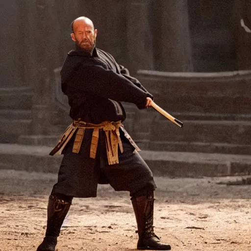 Prompt: an film still of jason statham as samurai, cinematic action