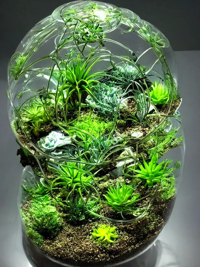 Image similar to terrarium with plants from a differen alien planet. weird colours. sci - fi. futuristic. alien. holographic, beautiful, ethereal