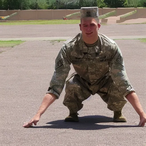 Prompt: in the army doing pushups with one hand