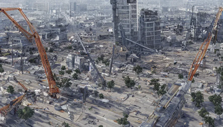 Prompt: Realistic photo of the reconstruction of Los Angeles after an earthquake with cranes on construction sites, hyperdetailed, artstation, cgsociety, 8k