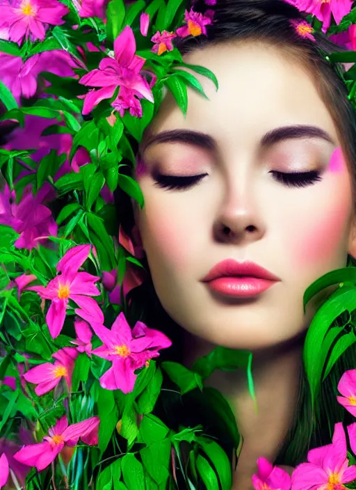 Image similar to a beautiful portrait of a beautiful woman with eyes closed in the jungle surrounded by pink flowers, face paintings, matte painting, fantasy art