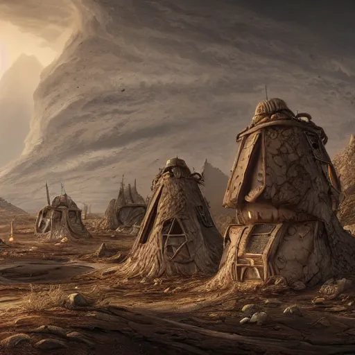 Prompt: elaborately detailed photo art of people already made houses on planet mars , high fantasy matte painting, atmospheric lighting, highly detailed illustration highlights, 8K detail post-processing, featured on DeviantArt, trending on cgsociety H 768