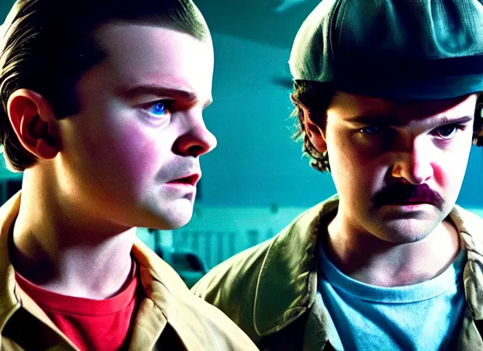 Image similar to film still of jim hopper as steve harrington in stranger things, 8 k