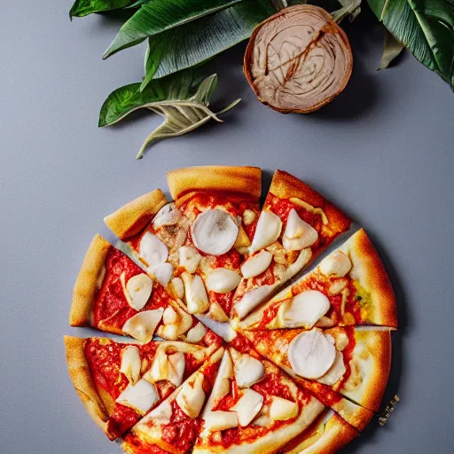 Prompt: a 🍕 made entirely out of 🥥 , 🥥 🍕 hybrid, 4k food photography