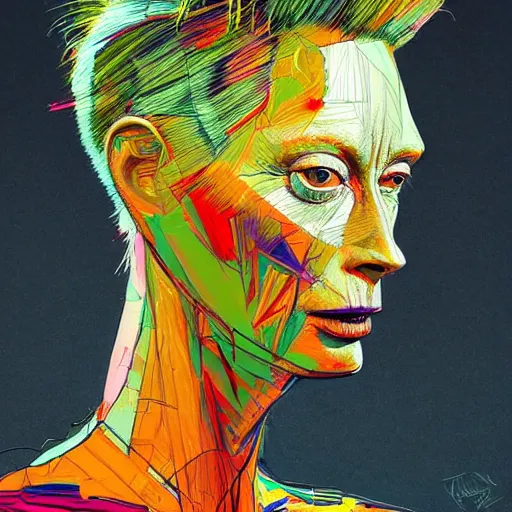 Image similar to a realistic yet sketched fierce neon tilda swinton, trending on artstation, by archan nair and marlene duma, intricate details, flowers, in the style of frank auerbach, in the style of martin ansin, in the style of david aja, in the style of mattias adolfsson