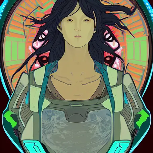 Prompt: A female hoverboarder, cyberpunk, digital art, by Studio Ghibli and Alphonse Mucha