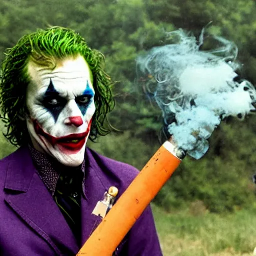 Image similar to photograph of the joker smoking a bong at woodstock, circa 1 9 6 9