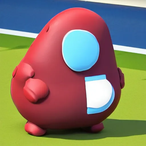 Image similar to red bean shaped character with a light blue visor no arms and stubby legs wearing a round red backpack in a simplistic style