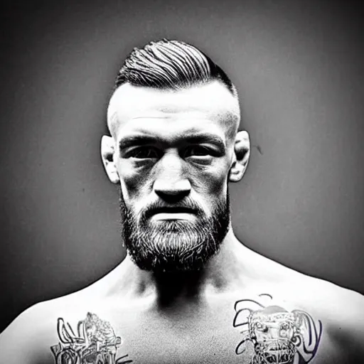 Image similar to “a realistic detailed photo of a guy who is an attractive humanoid who is half robot and half humanoid, who is a male android, boxer Conor McGregor, shiny skin, posing like a statue, blank stare”