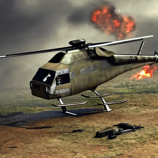 Image similar to A photo of a helicopter destroyed by machine gun fire, highly detailed, 4k