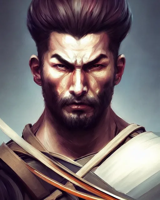 Image similar to full length portrait of a handsome and muscular ronin, square masculine facial features, short messy hair, katana, by wlop and peter mohrbacher, samurai, extremely detailed shading, concept art, digital painting, trending on artstation, unreal engine 5, octane render, atmosphere, glow, cinematic lighting, full of color