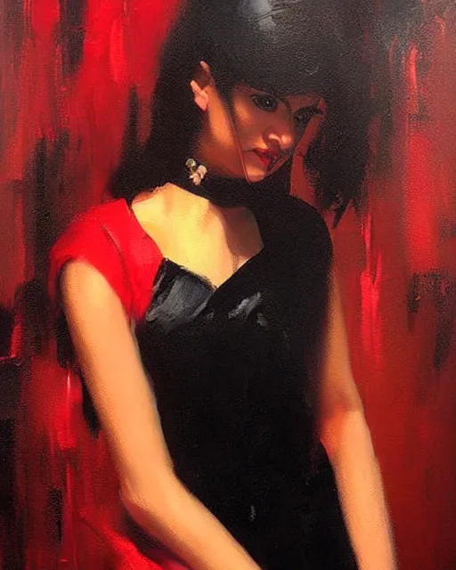 Prompt: beautiful portrait painting an gorgeous sensual delhi girl doctor wearing a little black dress at a nightclub, red lighting, oil painting, art by ruan jia