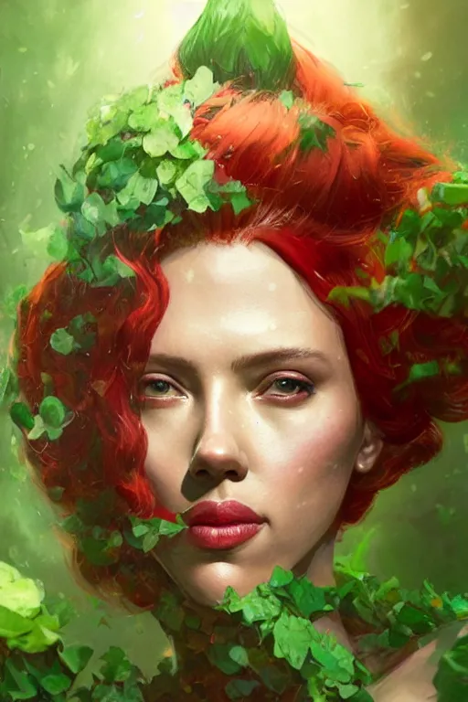 Image similar to a fancy portrait of Scarlett Johansson as poison ivy by Greg Rutkowski, Sung Choi, Mitchell Mohrhauser, Maciej Kuciara, Johnson Ting, Maxim Verehin, Peter Konig, final fantasy , mythical, 8k photorealistic, cinematic lighting, HD, high details, atmospheric,