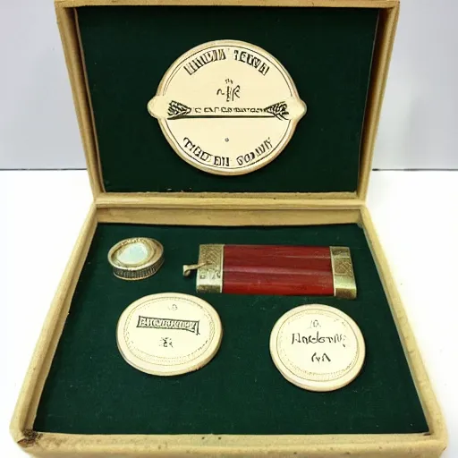 Image similar to vintage gift box for men, stamped with sealing wax, old school, wes anderson style