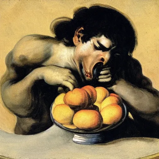 Image similar to saturn devouring his son, painting by francisco goya, peach