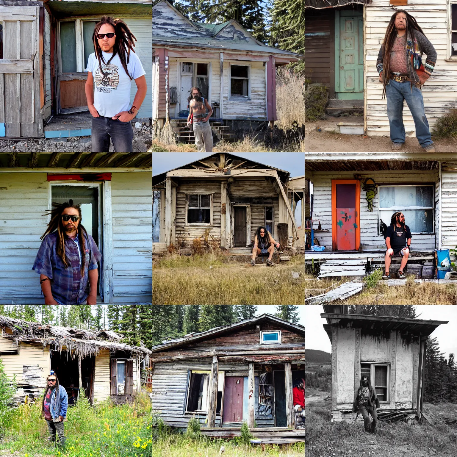 Prompt: a native canadian with dreadlocks and a sunglass wearing an old, run-down house