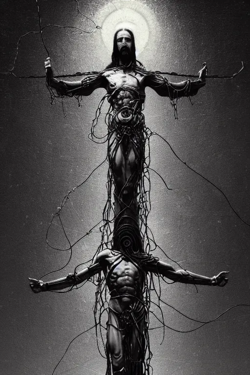 Prompt: full body shot of a cybernetic jesus on the cross, wires everywhere, cyberpunk art by beksinski and szukalski and giger and wlop and josan gonzalez, digital art, highly detailed, intricate, sharp focus, trending on artstation hq, deviantart, pinterest, unreal engine 5, 4 k uhd image