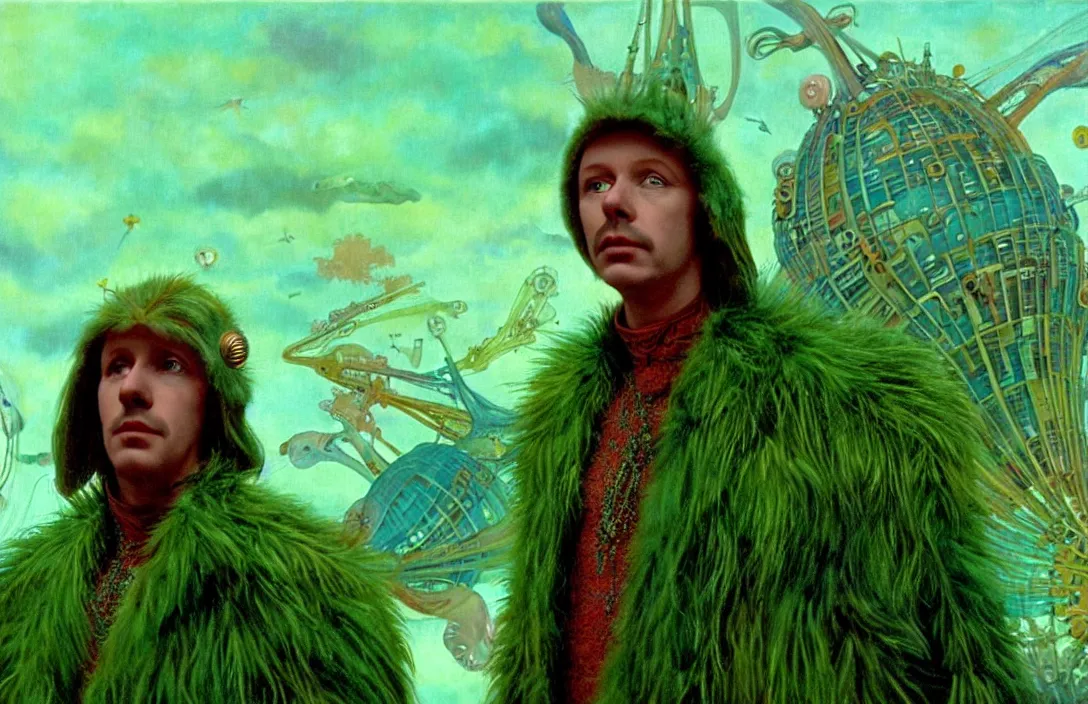 Prompt: realistic detailed portrait movie shot of a birdman wearing green leather coat, sci fi city landscape background by denis villeneuve, amano, yves tanguy, alphonse mucha, ernst haeckel, max ernst, roger dean, masterpiece, rich moody colours, blue eyes