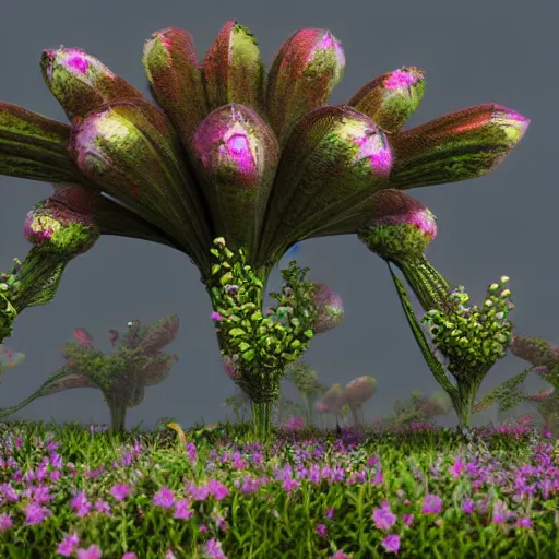 Image similar to a flowering alien landscape in the style of origami, 8 k, unreal engine, zbrush,