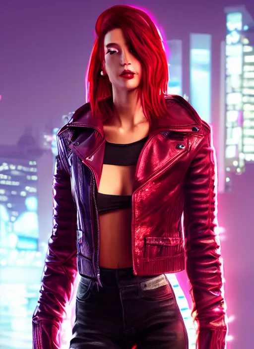 Prompt: pretty young woman with shoulder length shiny shimmering dark red hair and wearing a stuffed leather jacket with neon, path traced, highly detailed, high quality, digital painting, by cd projekt red, cyberpunk,