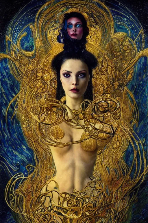 Image similar to Intermittent Chance of Chaos Muse by Karol Bak, Jean Deville, Gustav Klimt, and Vincent Van Gogh, beautiful Surreality portrait, enigma, Loki's Pet Project, destiny, Poe's Angel, fate, inspiration, muse, otherworldly, fractal structures, arcane, ornate gilded medieval icon, third eye, spirals