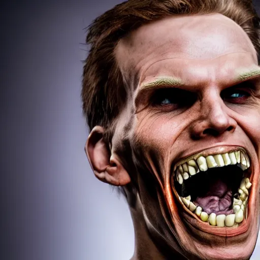 Image similar to Jerma985 with a wide smile, sinister looking, evil intent, horror, uncanny, detailed, high resolution, sharpened, close-up, professional photography