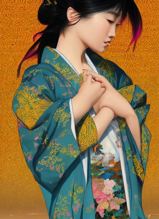 Prompt: beautiful young Asian woman, gorgeous face, sad eyes, tears, vaporwave aesthetic, synthwave, colorful, intricate, elegant, long beautiful flowing kimono, Asian temple landscape, highly detailed, digital painting, artstation, concept art, smooth, sharp focus, illustration, art by artgerm and greg rutkowski and alphonse mucha