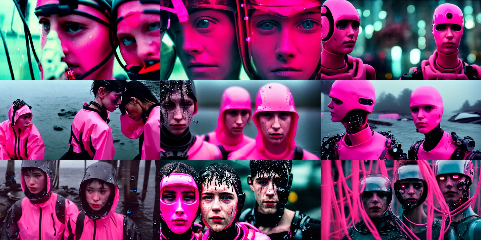 Prompt: cinestill 5 0 d candid photographic portrait by bruce davidson of two cyborgs wearing rugged neon pink mesh techwear in treacherous waters, extreme closeup, modern cyberpunk moody depressing cinematic, pouring rain, 8 k, hd, high resolution, 3 5 mm, f / 3 2, ultra realistic faces, ex machina