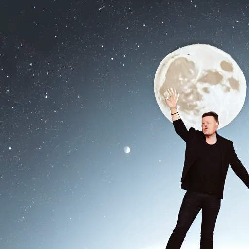 Prompt: elon musk holding the moon, digital art