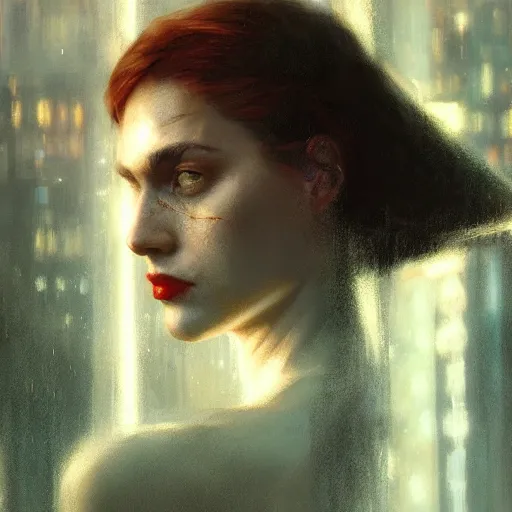 Image similar to detailed face of a woman, moment, cyberpunk cloisters, displays, tech noir, wet reflections, atmospheric, ambient, livia prima, greg rutkowski, edward hopper